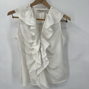 Farinaz Taghavi Women's Size 6 White Sleeveless Ruffle Blouse Top Dressy Classy